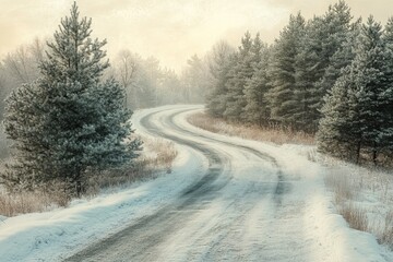 Obraz premium Winding snow-covered road through a frosty winter forest of pine trees. Hazy golden light illuminates the serene, cold landscape for a peaceful journey.
