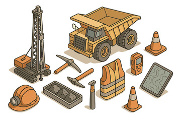 Isometric heavy mining dump truck, drilling rig, safety helmet, and construction tools © Andrei