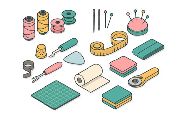 Colorful isometric collection of sewing and tailoring tools and supplies for textile crafting