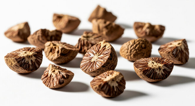 Explore the earthy texture of betel nuts on a clean white backdrop, ideal for health and wellness content