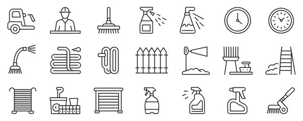 Professional cleaning service icons set for home and business maintenance, featuring tools, supplies, and maintenance equipment for pristine results