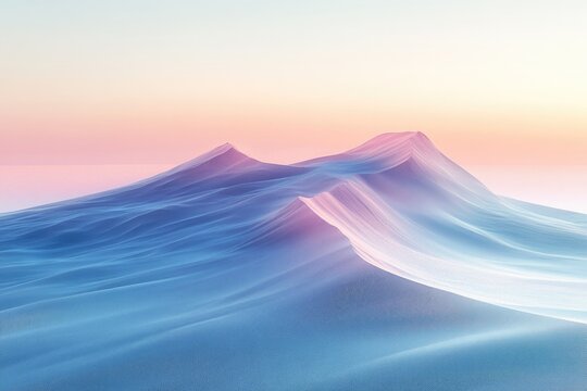 Abstract minimalist landscape features soft blue and pink undulating forms against a serene pastel sky, creating a dreamlike, textured scene.