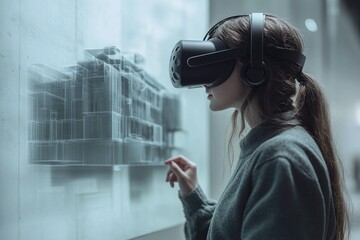Young woman using a VR/AR headset to visualize and interact with a holographic architectural model.