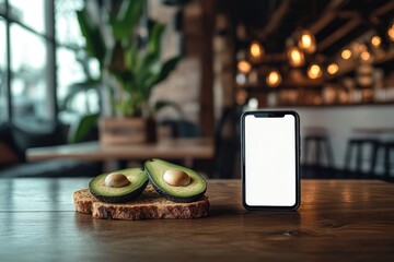 Fresh avocado halves on toasted bread sit next to a blank-screen smartphone on a wooden cafe table, perfect for a healthy start.