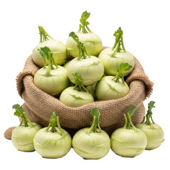 Heap of fresh kohlrabi vegetables in a burlap sack isolated on transparent background