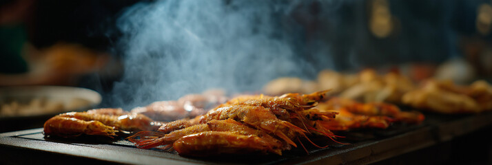 Delectable grilled shrimp sizzling on a barbecue, releasing aromatic smoke, capturing the essence of culinary delights and the joy of outdoor cooking and gatherings.