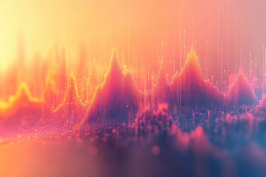 Abstract digital visualization with glowing data peaks and interconnected points, representing technology, big data, or financial analytics in vibrant colors.
