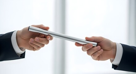 Business professionals passing a baton in a symbolic act of teamwork and succession.
