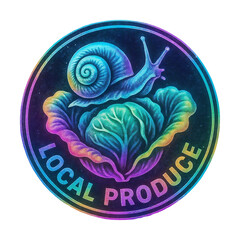 A circular coin emblem shows a stylized snail on lettuce, with LOCAL PRODUCE text, glowing in teal, purple, blue, and pink on a dark field with iridescent finish.