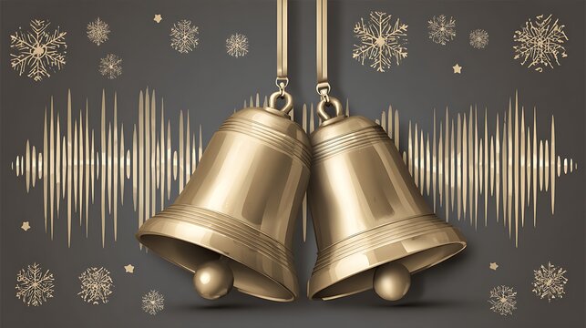 Two golden bells hanging with snowflakes and sound waves on a dark background design element - Powered by Adobe
