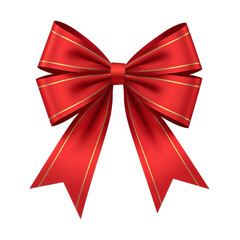 A red ribbon bow with gold pinstripes rests centered on black. Satin loops and V cut tails show soft shading, high contrast, and a polished three dimensional look.