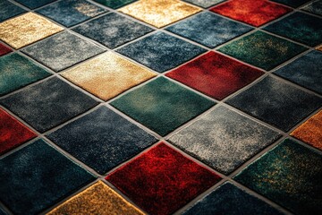 A vibrant mosaic of textured, rhombus-shaped tiles in rich colors like gold, red, blue, and green, forming an elegant pattern.