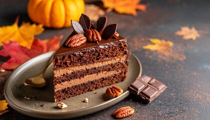Decadent Chocolate Cake Slice with Pecans and Fall Leaves Autumn Festive Dessert Still Life Thanksgiving Treat.