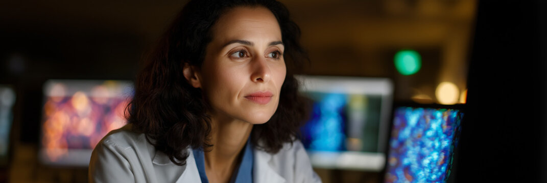 A woman in a lab coat studies the displayed data on computer monitors, signifying research, analysis, and the critical role of technology and expertise in scientific exploration.