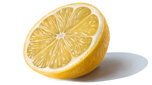 Half-cut lemon showing juicy inner texture, isolated on transparent background, bright natural light.
