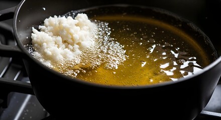 Close-up of beef suet rendering into golden liquid tallow in a cast iron pot.
