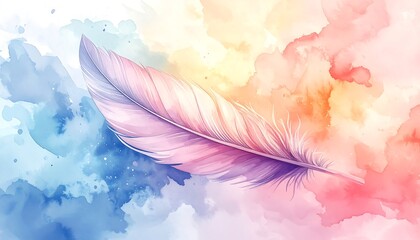 Watercolor Feather Floating on a Dreamy Pastel Background.