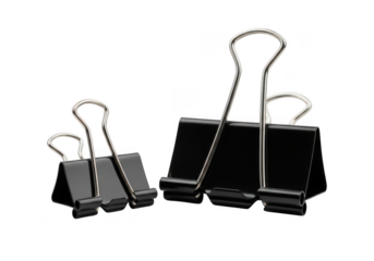 Two black binder clips of different sizes isolated on transparent background