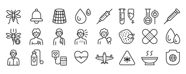 Essential malaria prevention and treatment icons for global health campaigns and awareness initiatives,vector line art style depicting mosquito bites, fever, and care