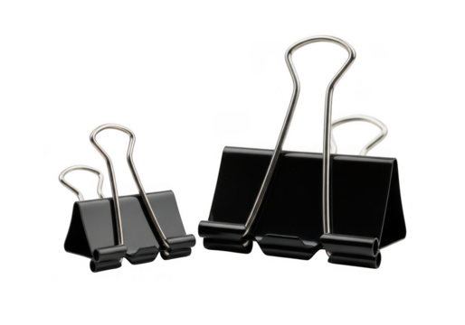 Two black binder clips of different sizes isolated on transparent background