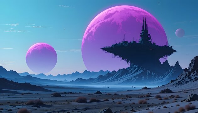 Futuristic Floating City on Alien Planet with Large Purple Moons and Desert Landscape
