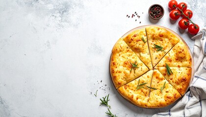 Freshly baked focaccia bread slices on a gray textured background with tomatoes and rosemary sprigs.