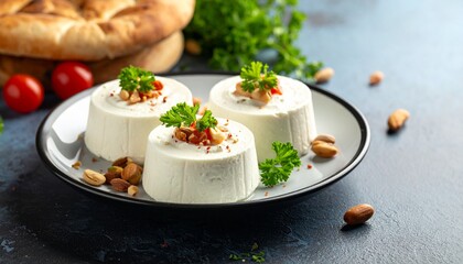 Creamy White Treats on Plate with Herbs and Nuts Healthful Diet Appetizing Presentation Close Up View.