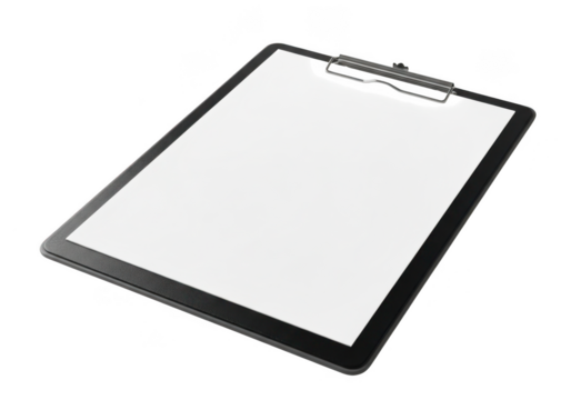A dark gray clipboard with a silver clip isolated on transparent background