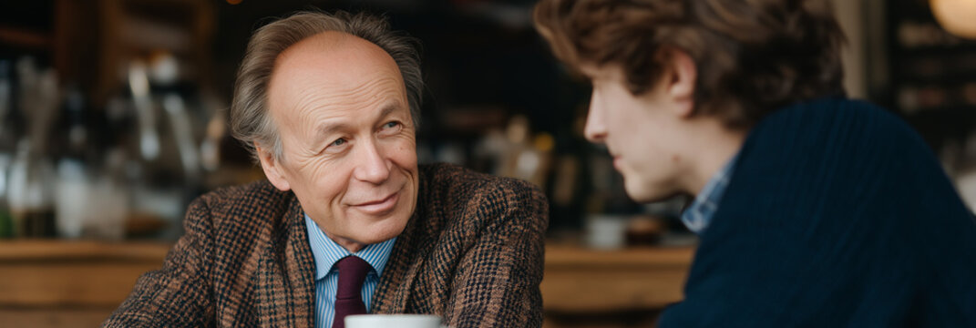 This image portrays an elderly man engaging in a thought-provoking conversation with a young adult in a cozy café, symbolizing mentorship, wisdom, and intergenerational connection.