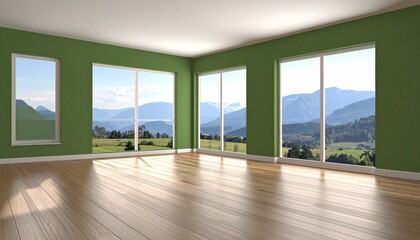 Fototapeta premium Bright and airy interior with mountain view showcasing modern design and architecture for real estate concepts.