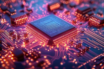 Obraz premium A glowing microchip on a vibrant circuit board, illustrating advanced technology and digital processing with striking blue and red light.