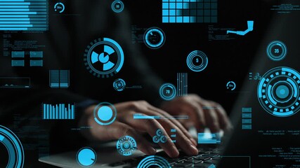 A close-up of hands typing on a laptop with glowing data visualizations and graphs in a dark setting, illustrating advanced technology and innovative analytics processes. Xenic - Powered by Adobe