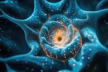Intricate blue abstract structure with luminous orange particles spiraling towards a bright, energetic core, resembling a digital neuron.