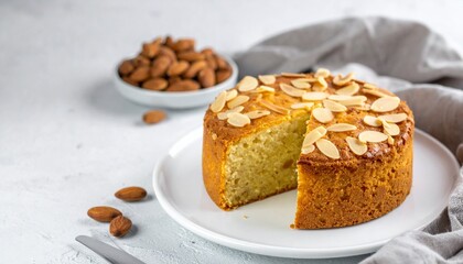 Almond Cake Delicious Slice on a White Plate Freshly Baked Sweet Treat Dessert Ready to Eat Confection.