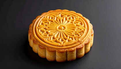 Traditional mooncake pastry with intricate floral design against dark background ideal for festive occasions and cultural promotions.