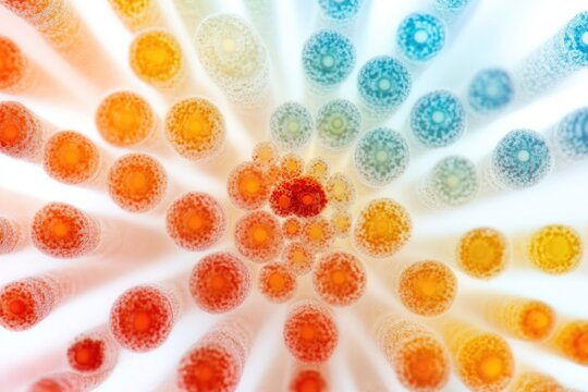 Abstract cellular structures form a vibrant spiral, transitioning from warm red to cool blue. This dynamic image evokes microscopic life, energy flow, or biological complexity.