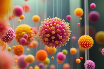 Vibrant microscopic spheres resembling pollen or viruses float in an abstract setting. Detailed pink, orange, and yellow textured particles evoke biological concepts.