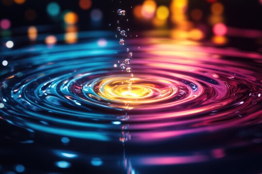 Mesmerizing water droplets create glowing, colorful ripples on a liquid surface, reflecting vibrant yellow, pink, and blue neon lights with bokeh.