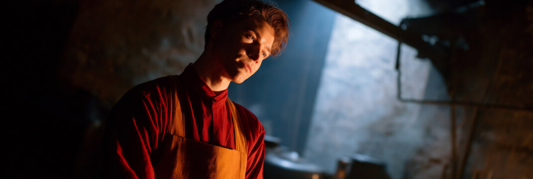 A young craftsman poses in his workshop, showcasing his concentrated expression amidst rustic tools and warm lighting that conveys dedication and artistry in craftsmanship.