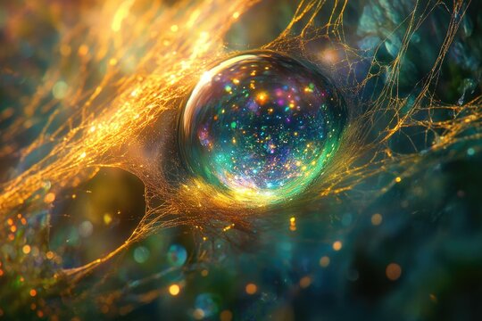 A luminous, multi-colored orb, brimming with sparkling light, is intricately enmeshed within glowing golden threads, resembling a cosmic spiderweb in a mystical realm.