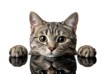 Close up portrait of a curious tabby cat peeking over a surface isolated on transparent background