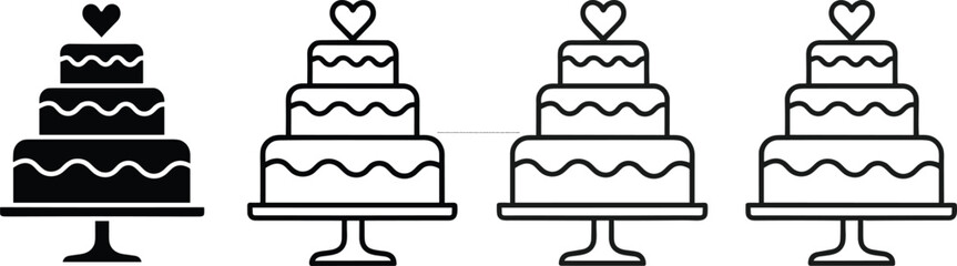 Stylized black and white vector illustration of three‑tier cakes with heart topper on stand, silhouette and outline variations, elegant celebration artwork designt