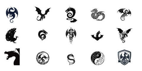 Naklejka premium Collection of stylized dragon and mythical creature illustrations with yin yang symbolism and tribal art elements