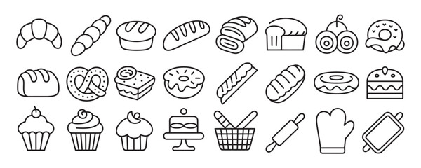 Delicious bakery icons set for your menu design featuring croissants, donuts, cakes, and breads in a clean, modern line art style