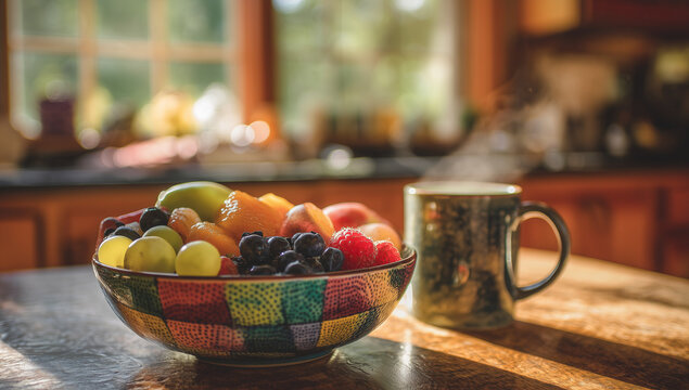 Bowl of fresh fruits and a steaming mug on a kitchen counter - Powered by Adobe