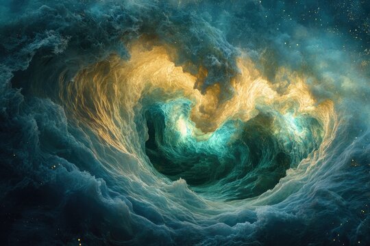 Dynamic abstract vortex of swirling teal and golden energies, resembling cosmic waves or ethereal clouds, illuminated by scattered light.