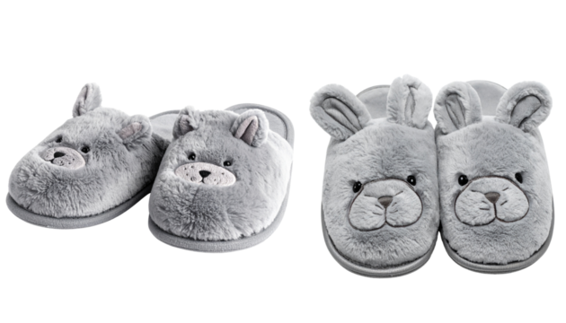 Gray Rabbit Slippers with Cute Bear Face Embroidery, Cozy Home Footwear, Isolated on Transparent Background - Powered by Adobe