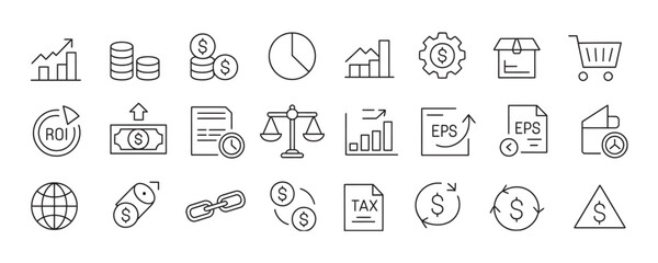 Streamlined financial icons for modern business reporting and investment analysis showcasing earnings, growth and global market strategies