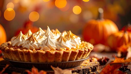 Festive Pumpkin Pie with Meringue Topping for Thanksgiving.