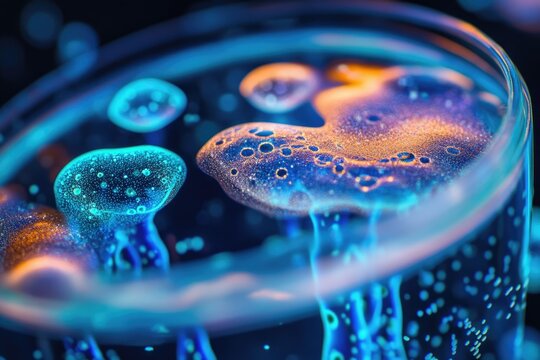 Mesmerizing microscopic forms with vibrant blue and golden luminescence in a liquid medium, resembling cellular structures or deep-sea organisms.
